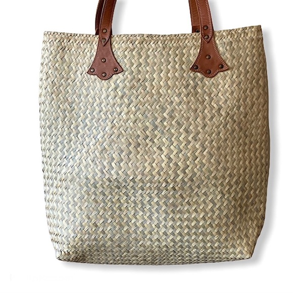 Large Natural Material Woven Tote with Leather Handles - Picture 2 of 14